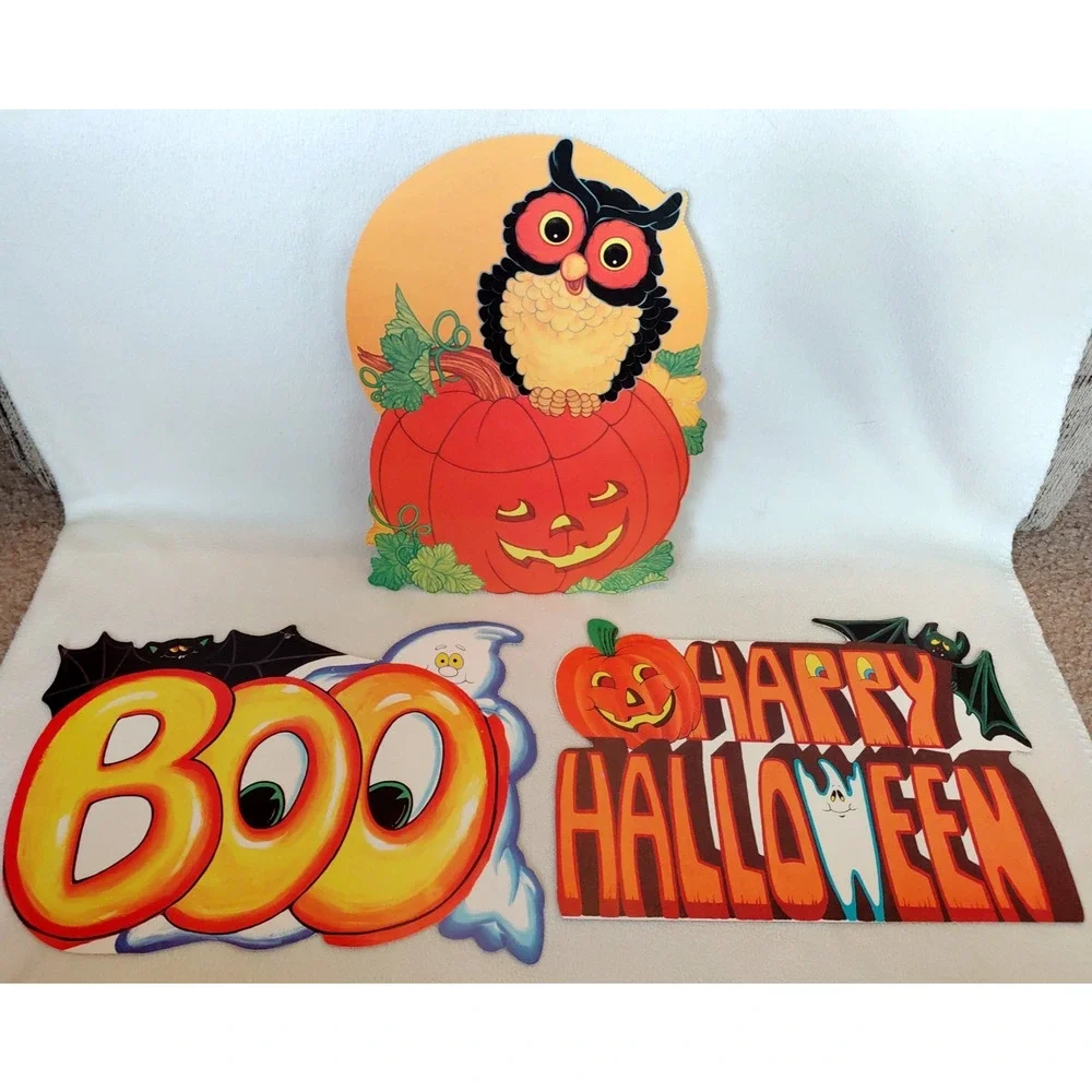 3 Vtg 1970s Eureka Halloween Die-Cut Cutout Decorations Owl/Ghosts/Bats/Pumpkins